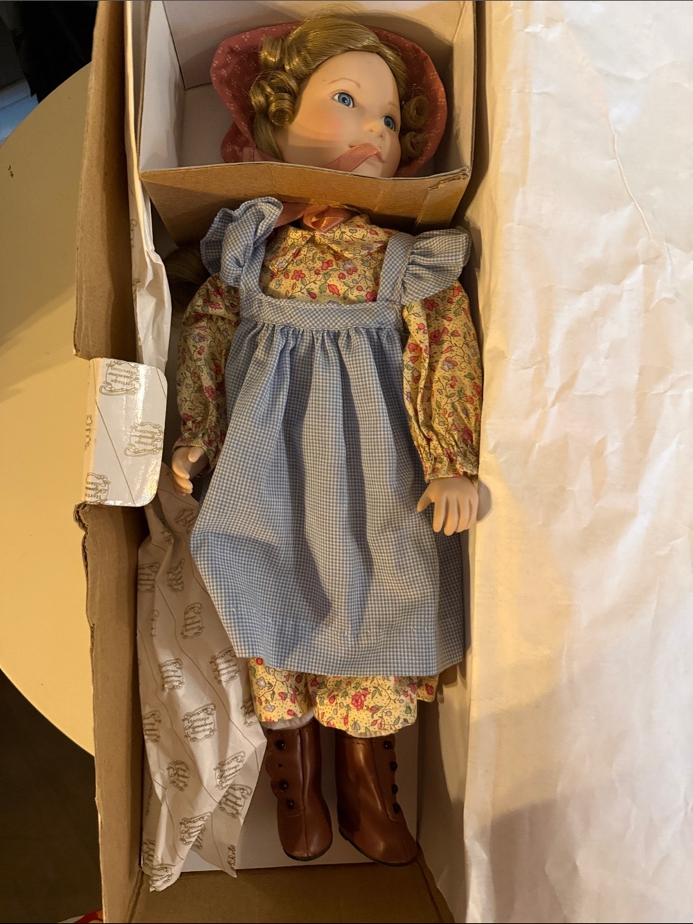 Classic Porcelain Doll in Blue Gingham Pinafore
